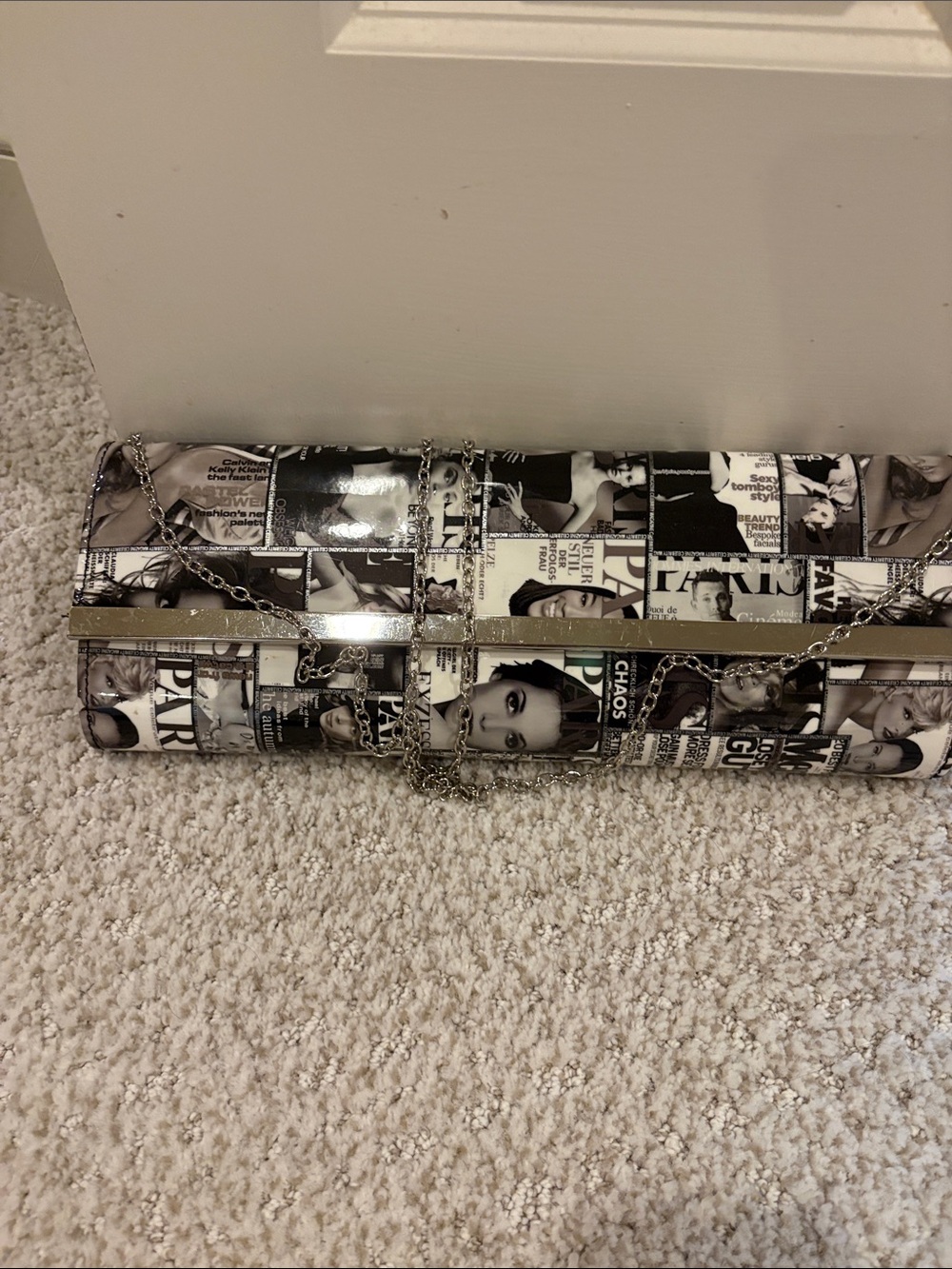 Black & White magazine Print Clutch with removable Silver Chain